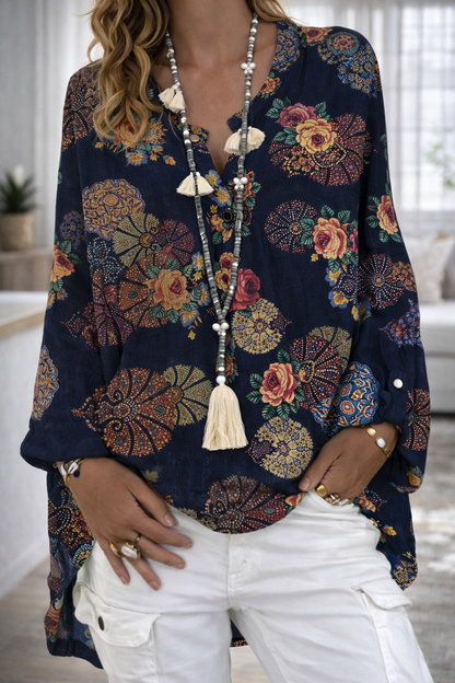Vibrant Printed V Neck Top Elizabeth Ainsley