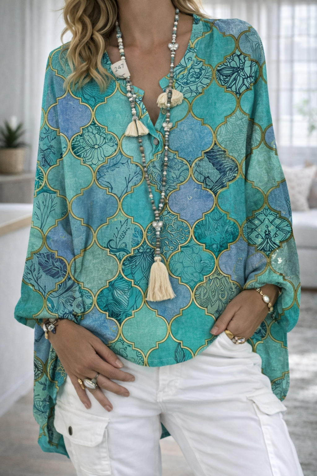 Vibrant Printed V Neck Top Elizabeth Ainsley