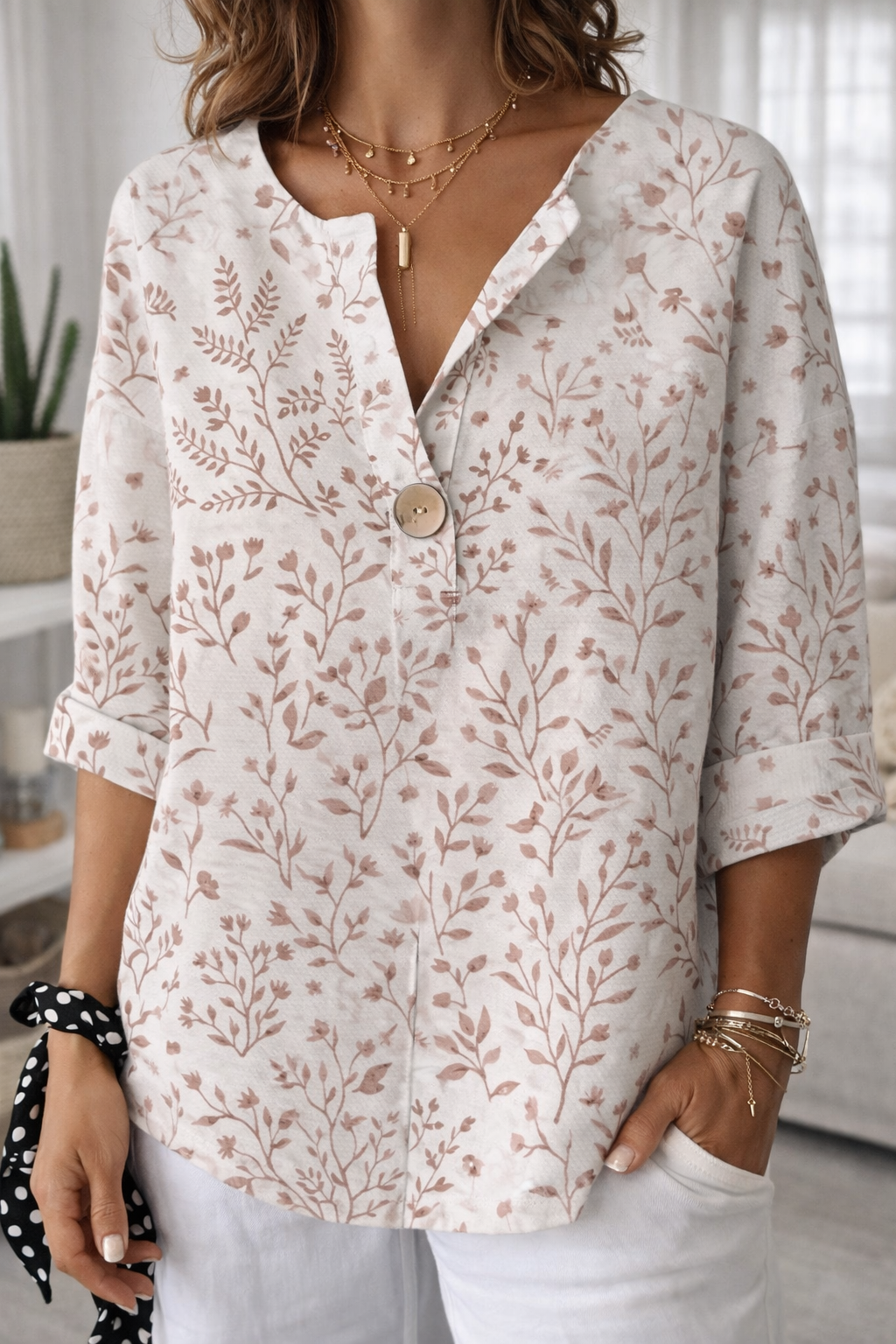 Floral Print Elizabeth Ainsley Button V-Neck Casual Top