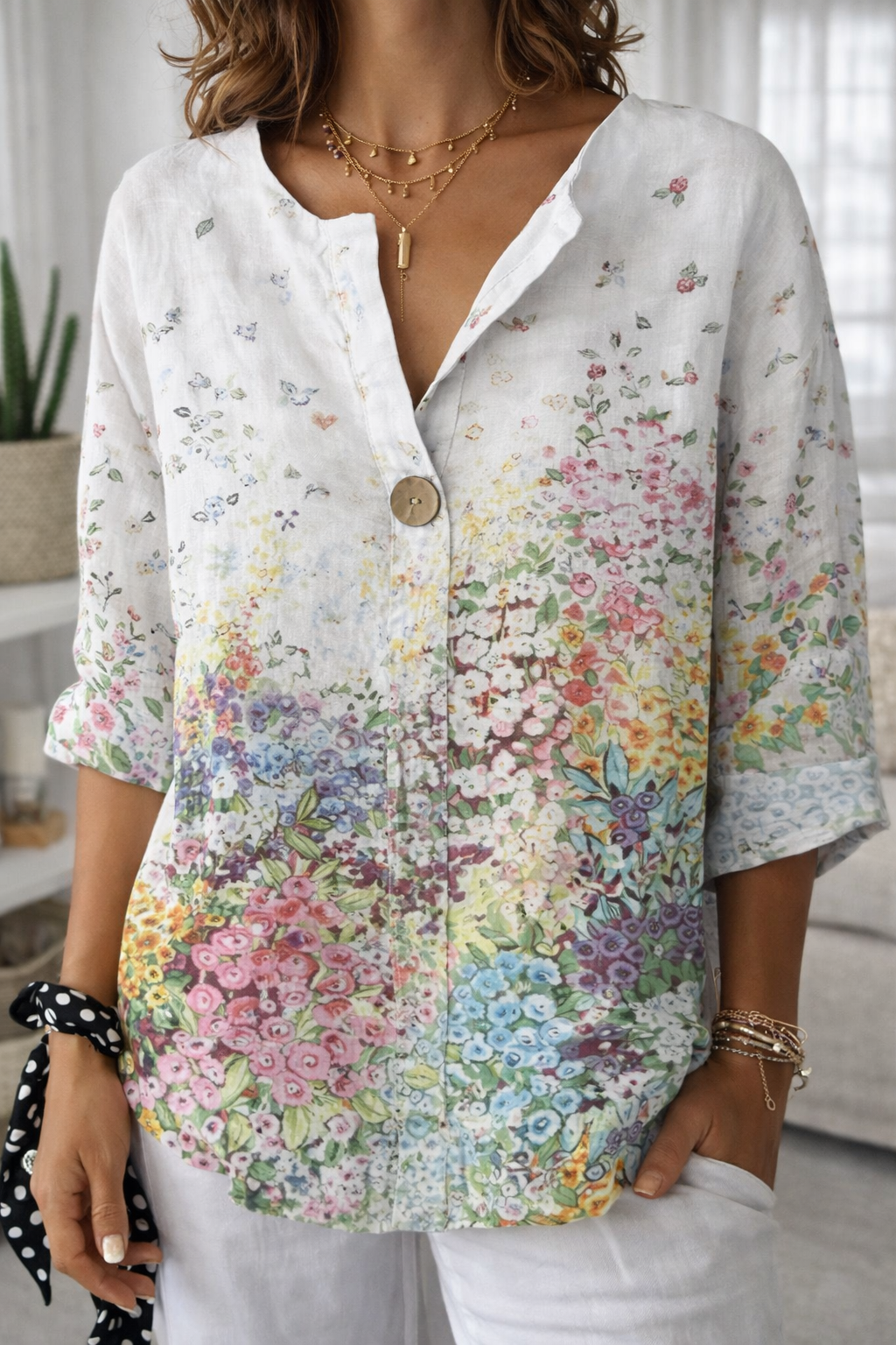 Floral Print Elizabeth Ainsley Button V-Neck Casual Top
