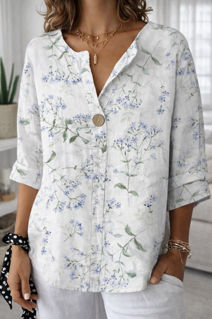 Floral Print Elizabeth Ainsley Button V-Neck Casual Top