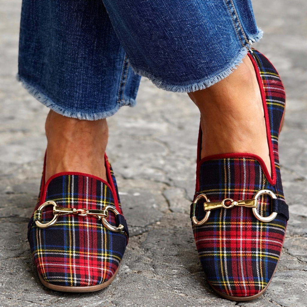 Plaid Flat Square-Toe Shoes by Elizabeth Ainsley