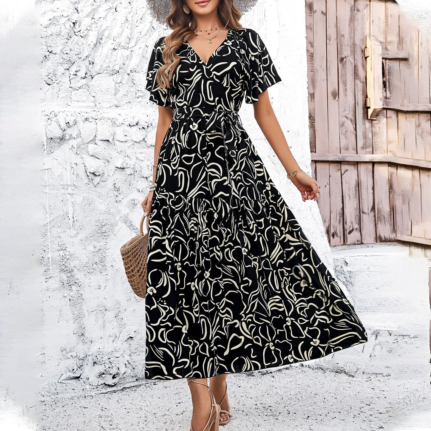 Floral Print Elizabeth Ainsley Short Sleeve Midi Dress