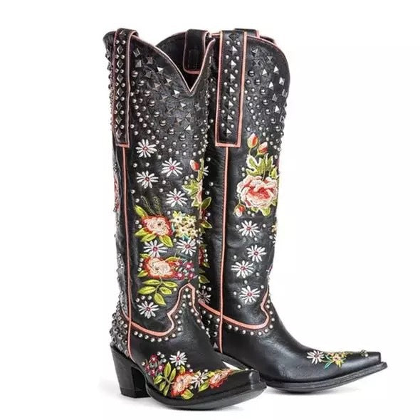 Elizabeth Ainsley Floral Blue Studded Pointed Toe Boots
