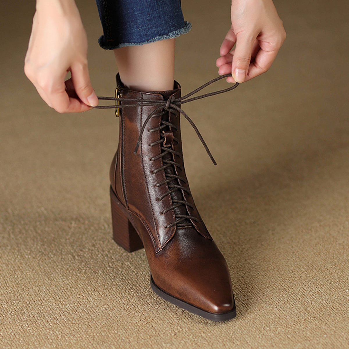Elizabeth Ainsley Ankle Boots - Thick Heel Lace-Up Comfort