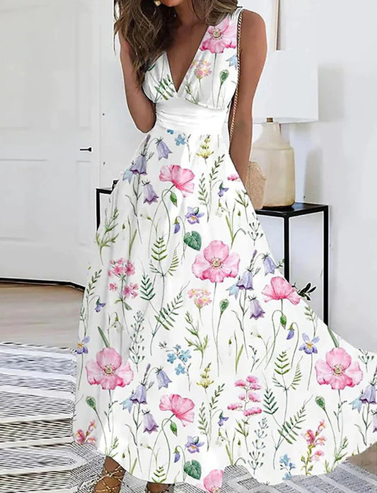 Floral V-Neck High Waist Dress by Elizabeth Ainsley