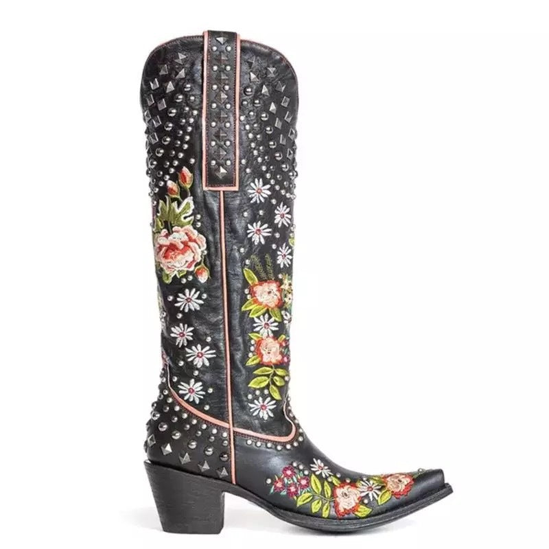 Elizabeth Ainsley Floral Blue Studded Pointed Toe Boots
