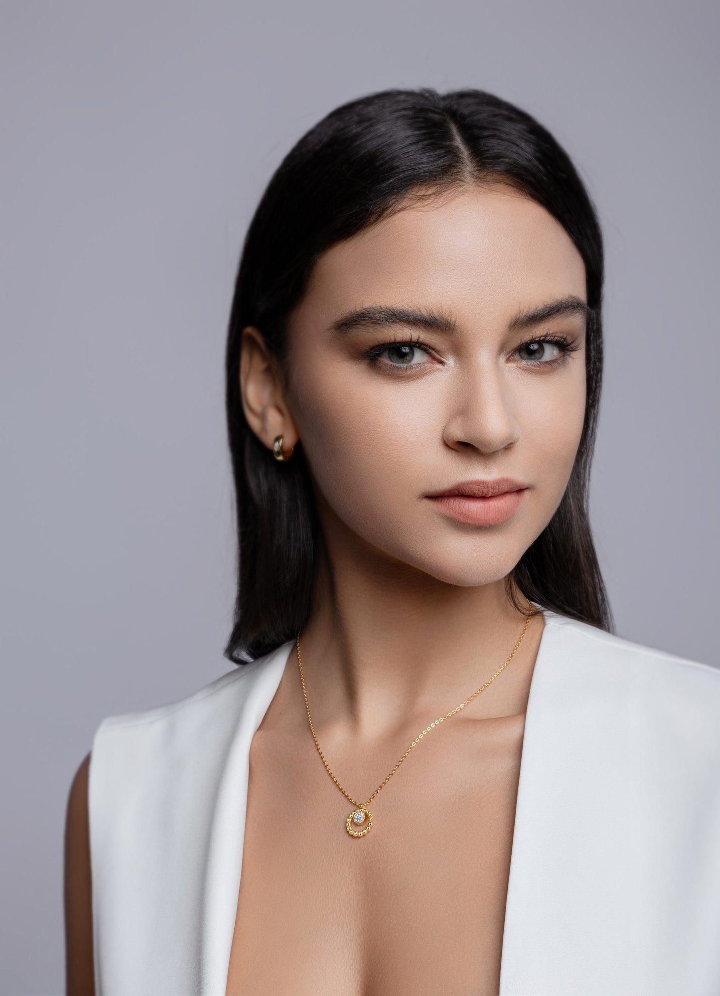 Gold Beaded Circle Necklace with Solitaire Crystal