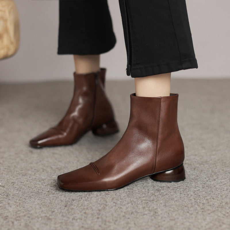 Elizabeth Ainsley Cowhide Boots - Square Toe, Side Zipper