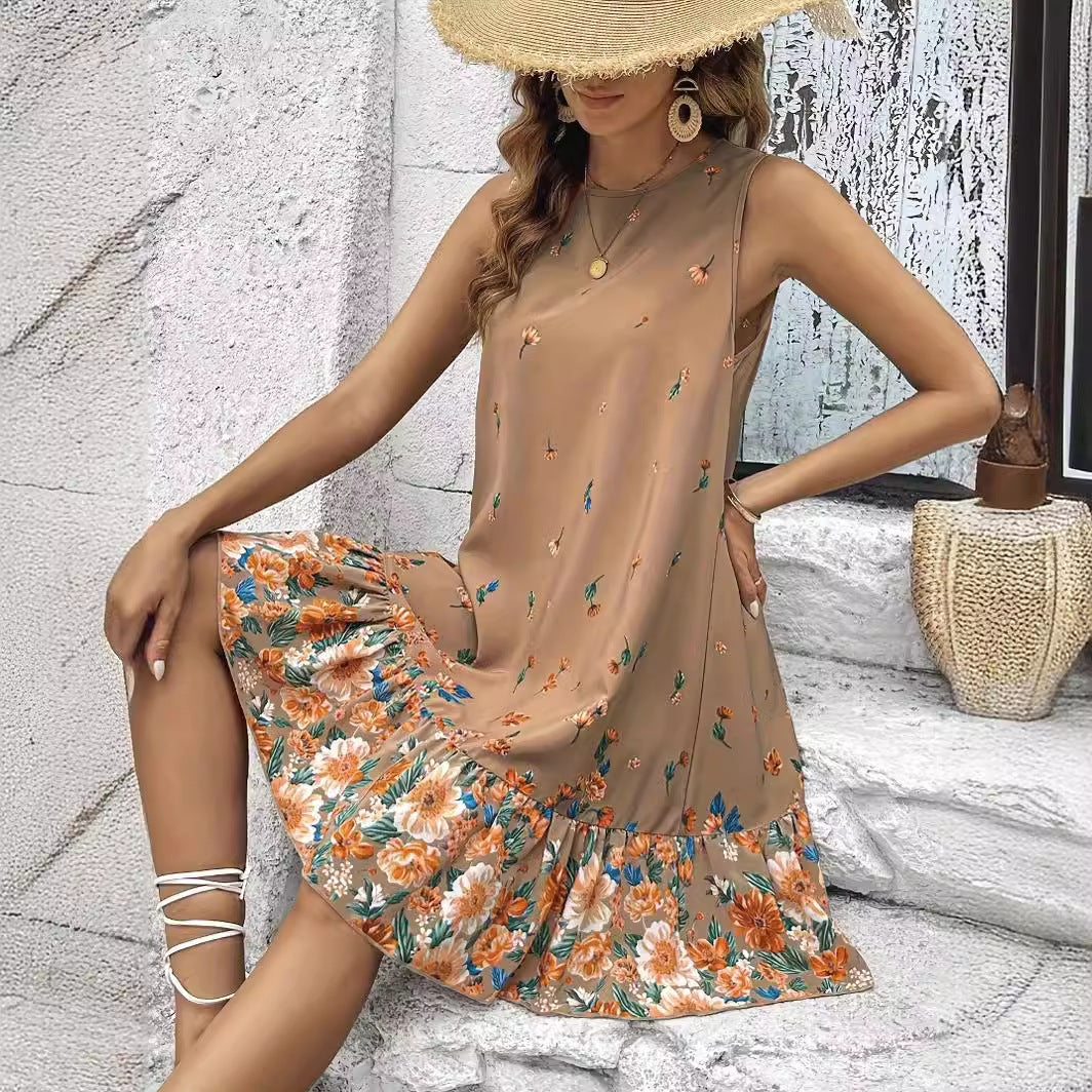 Floral Sleeveless Khaki Dress by Elizabeth Ainsley