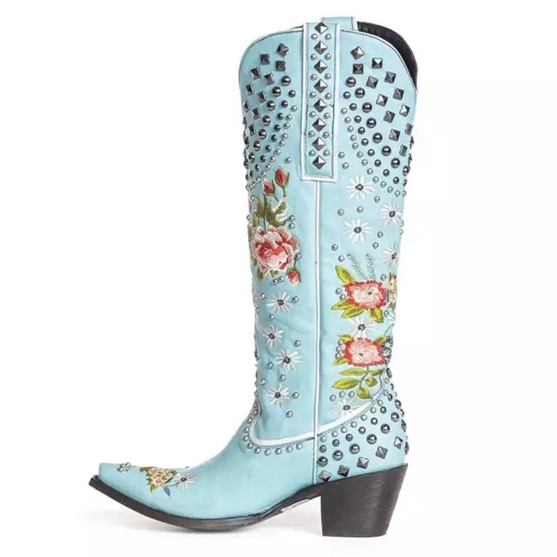 Elizabeth Ainsley Floral Blue Studded Pointed Toe Boots