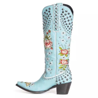 Elizabeth Ainsley Floral Blue Studded Pointed Toe Boots