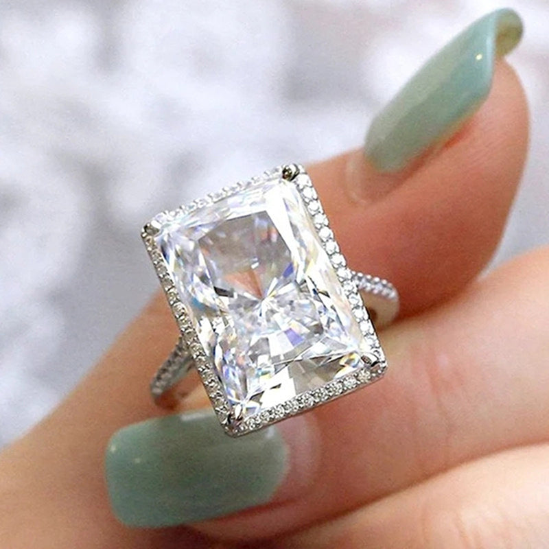 Radiant Emerald-Cut Halo Solitaire Ring in Sterling Silver