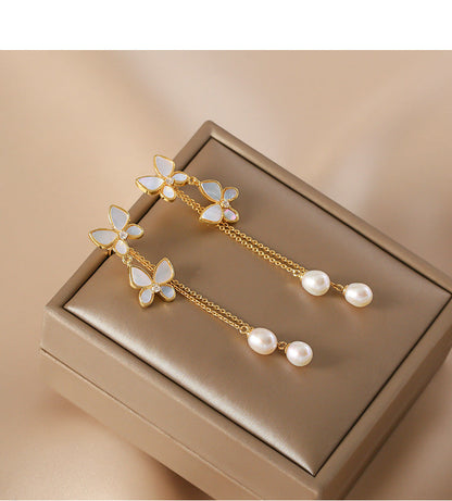 Butterfly Pearl Tassel Drop Earrings