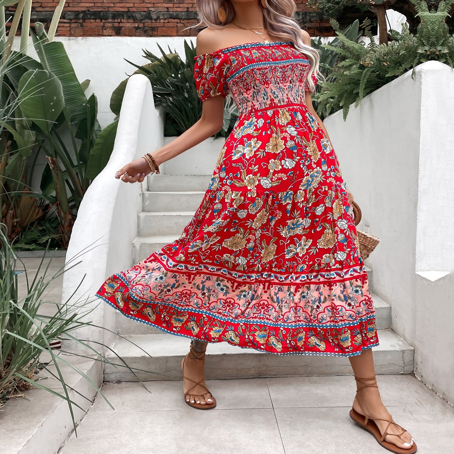 Boho Floral Elizabeth Ainsley Off-Shoulder Midi Dress
