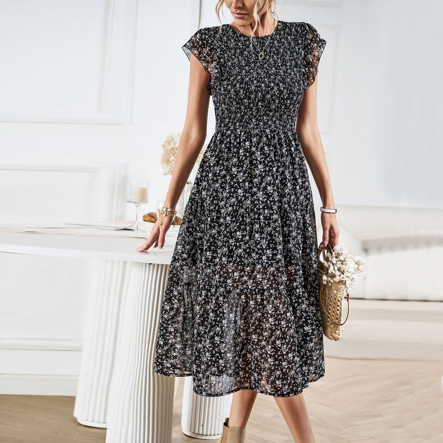 Elegant Floral Elizabeth Ainsley Summer Midi Dress