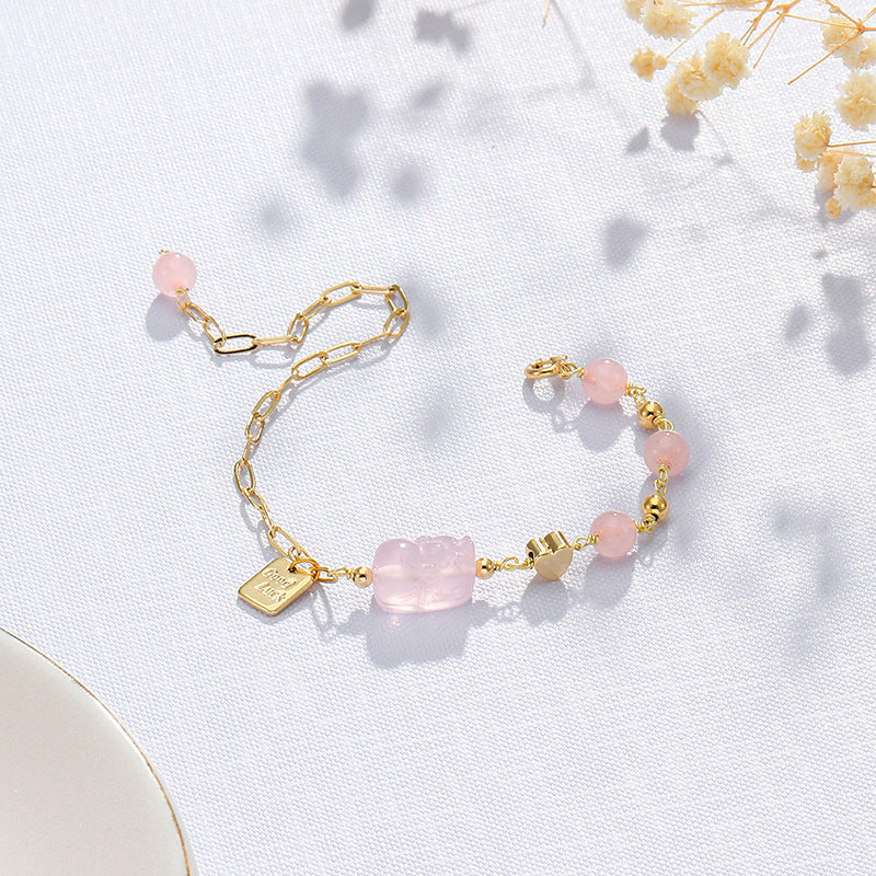 Asymmetrical Chain Bracelet with Natural Stone and Heart Detail
