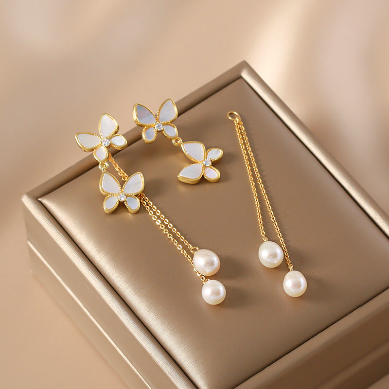 Butterfly Pearl Tassel Drop Earrings
