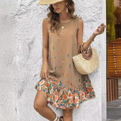 Floral Sleeveless Khaki Dress by Elizabeth Ainsley