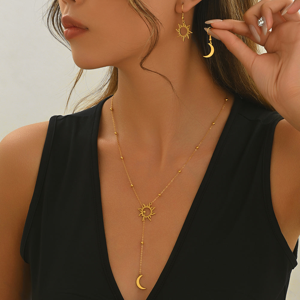 Celestial Sun & Moon Necklace with Matching Earrings
