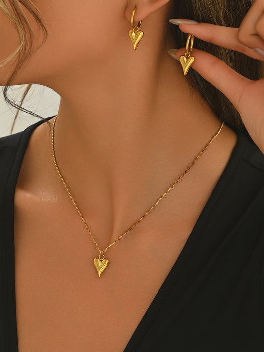 Minimal Heart Drop Necklace & Matching Hoop Earrings