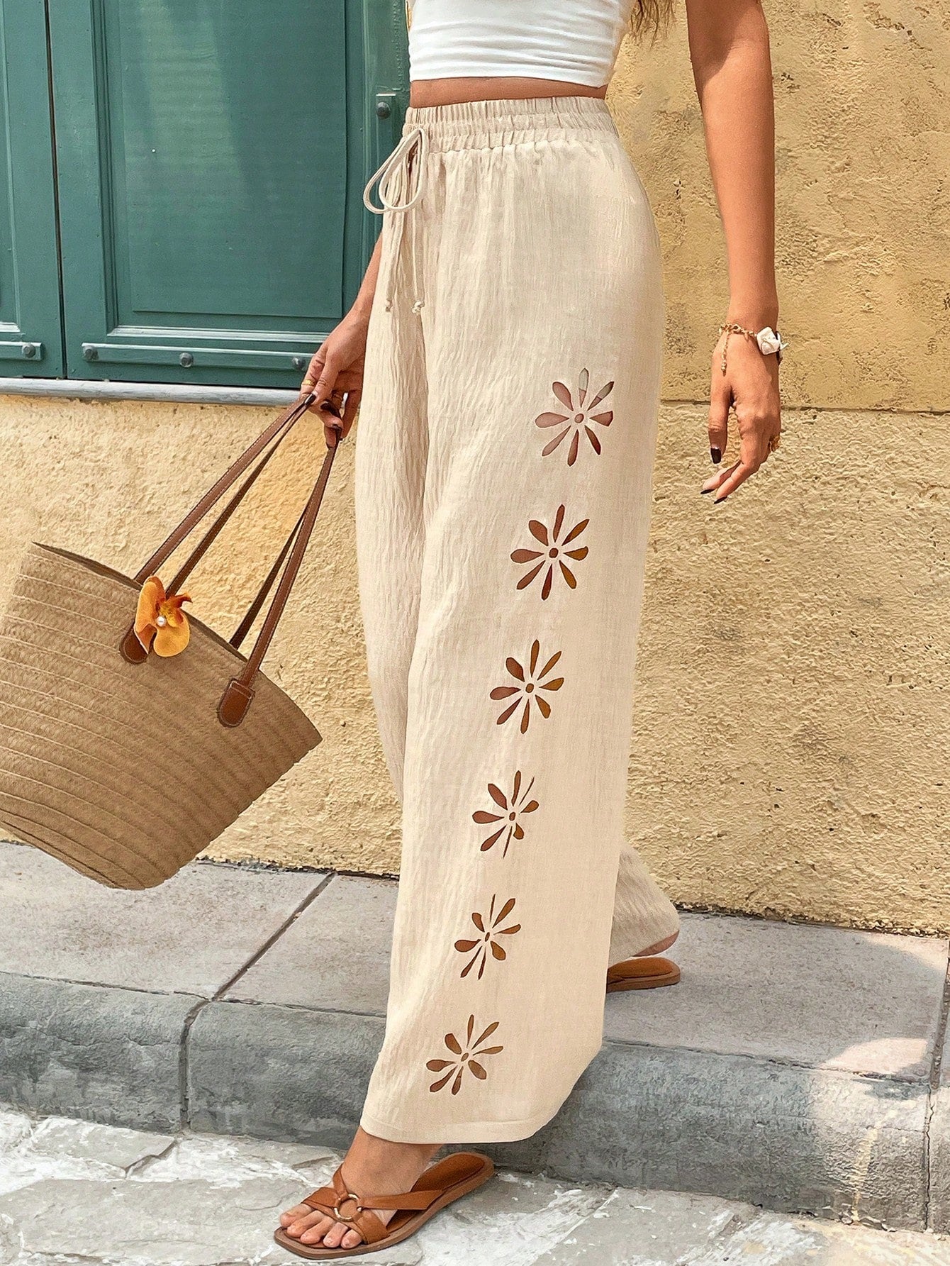 Chic Elizabeth Ainsley Floral Cutout Drawstring Pants