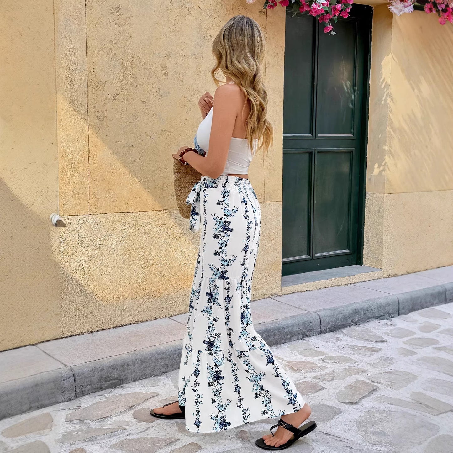 Womens Striped Printed Wide-Leg Pants With Ties
