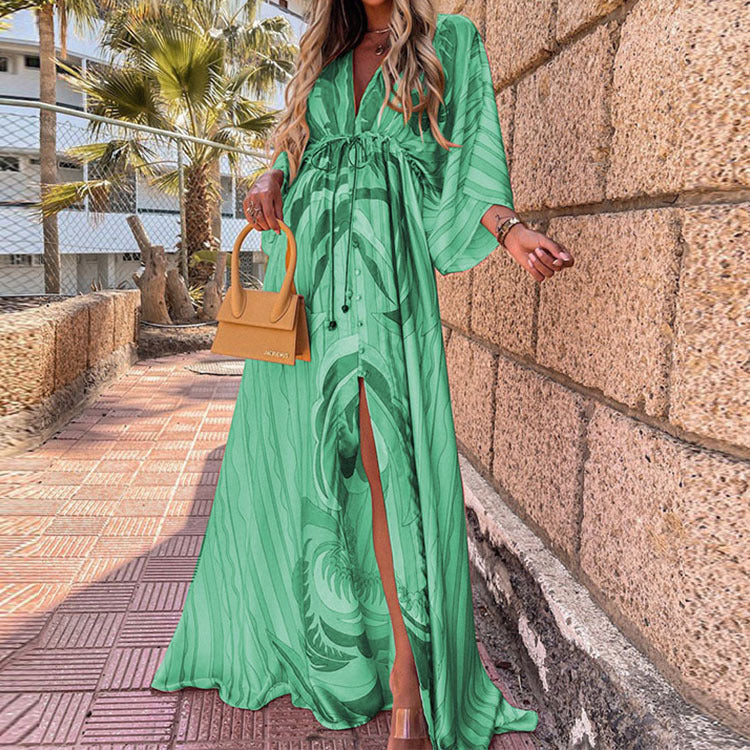 Vibrant V-Neck Lace-Up Maxi Dress by Elizabeth Ainsley