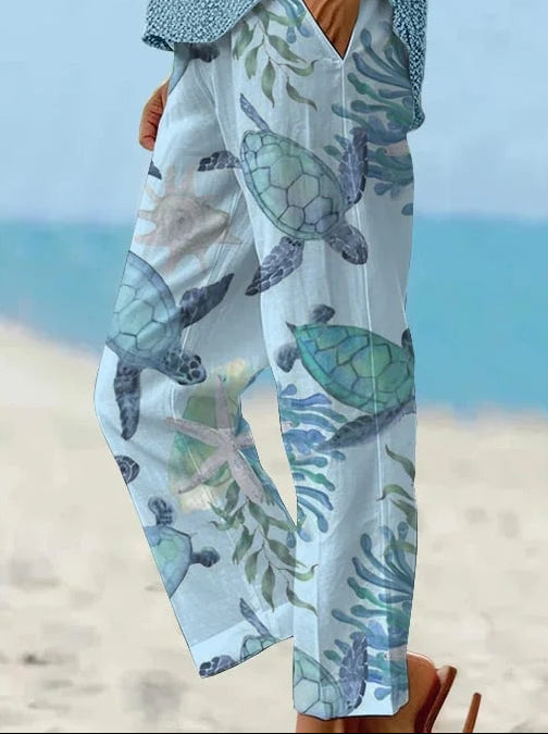 Sea Turtle Print Elizabeth Ainsley Cropped Pants
