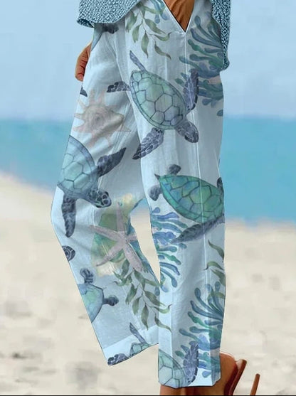 Sea Turtle Print Elizabeth Ainsley Cropped Pants