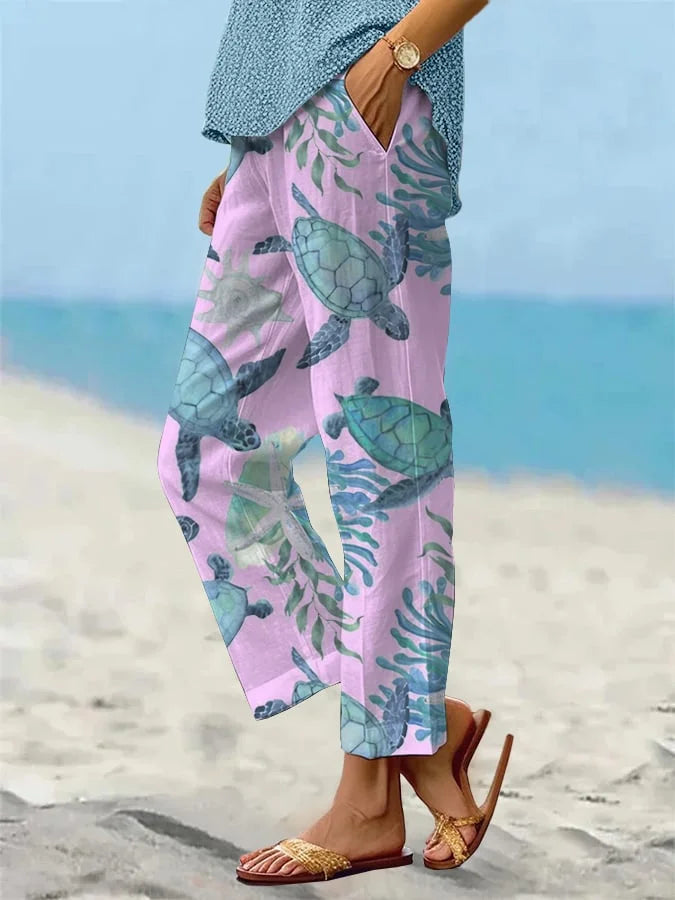 Sea Turtle Print Elizabeth Ainsley Cropped Pants