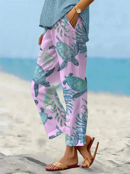 Sea Turtle Print Elizabeth Ainsley Cropped Pants