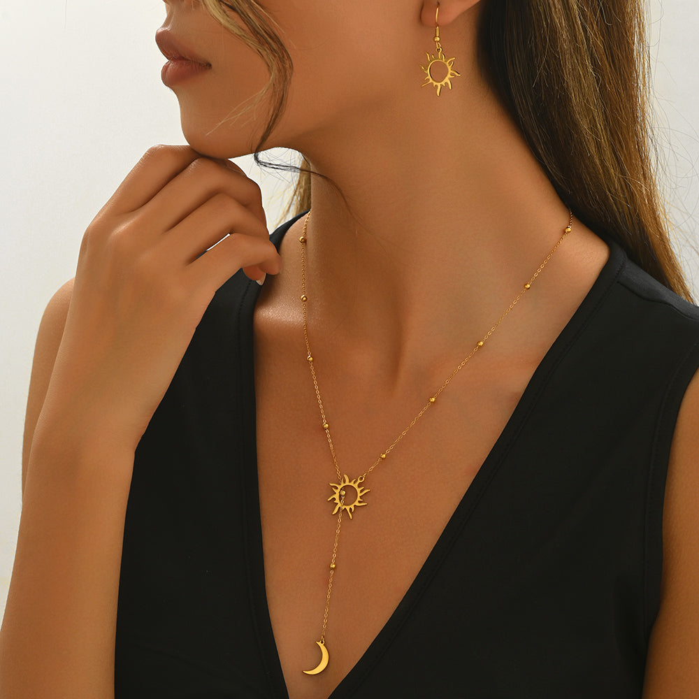 Celestial Sun & Moon Necklace with Matching Earrings