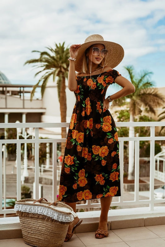 Boho Off Shoulder Elizabeth Ainsley Summer Print Dress