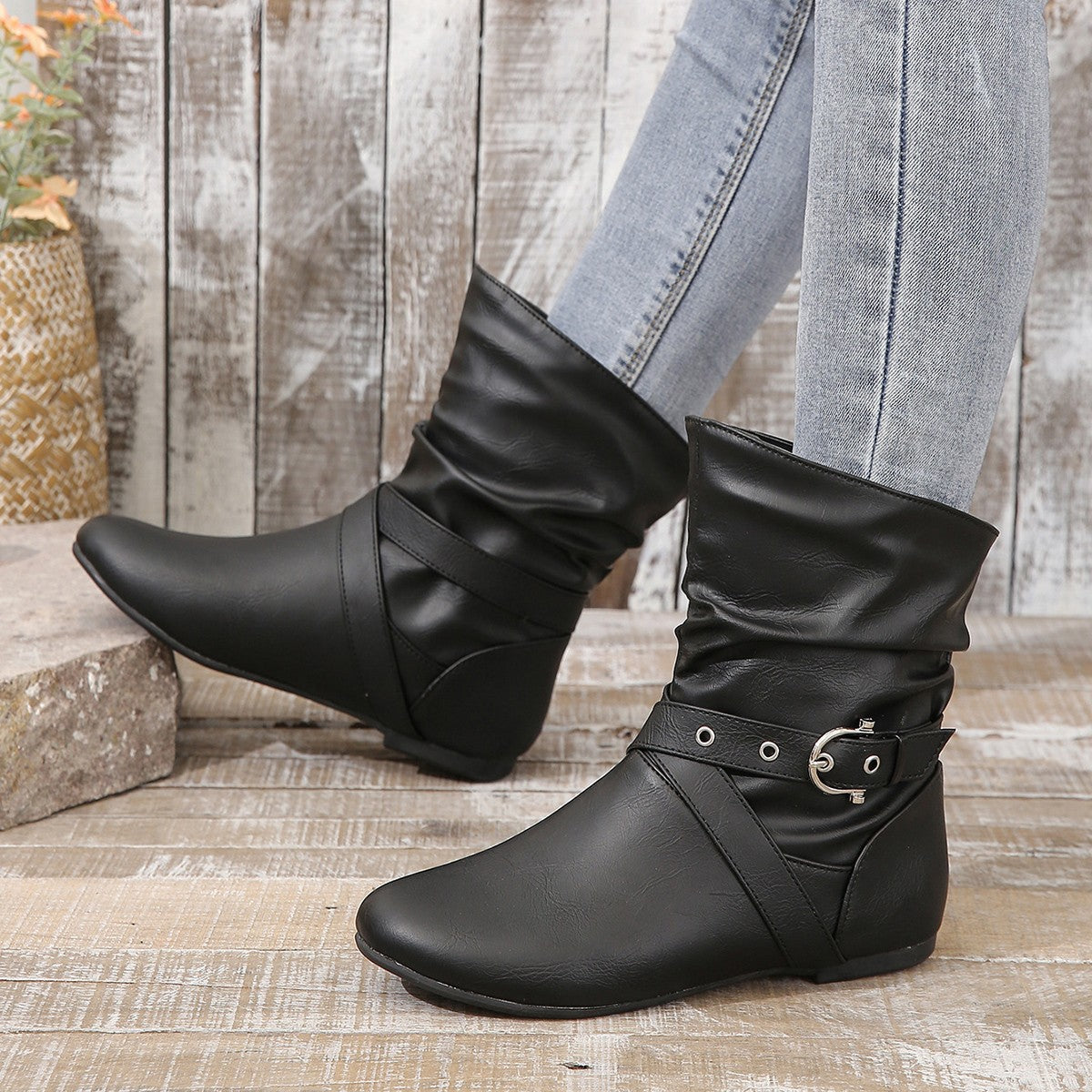 Elizabeth Ainsley Ankle Boots - Round Toe Flat Buckle