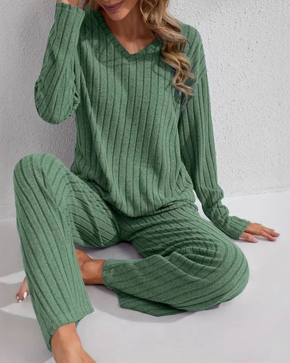 Ribbed Long-Sleeve Top And Pants Casual Comfortable Womens Loungewear Set