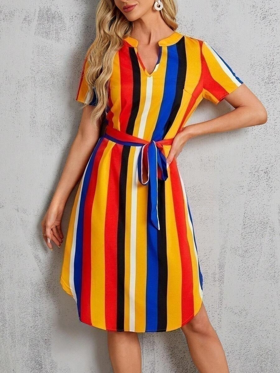 Chic Striped Elizabeth Ainsley V-Neck Midi Dress