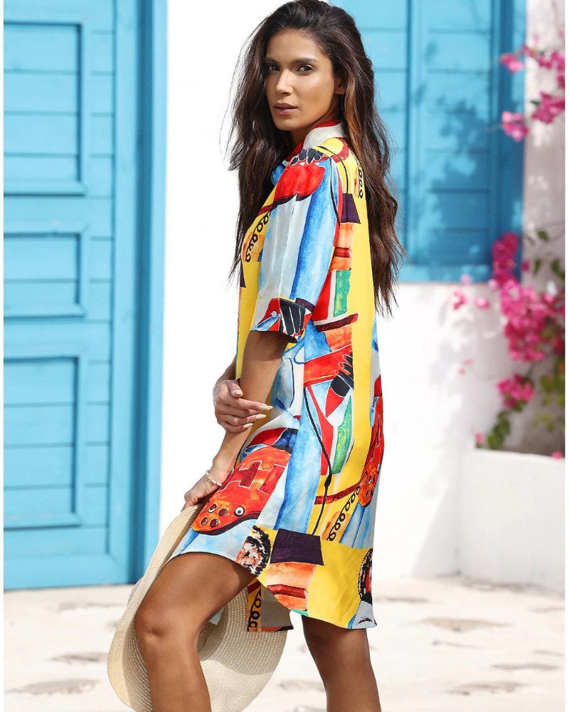 Vibrant Geometric Elizabeth Ainsley Mid-Length Top