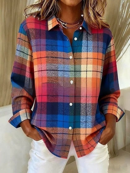 Plaid Colorblock Elizabeth Ainsley Long Sleeve Blouse