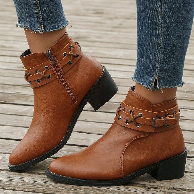 Elizabeth Ainsley Leather Ankle Boots - Thick Heel Zip