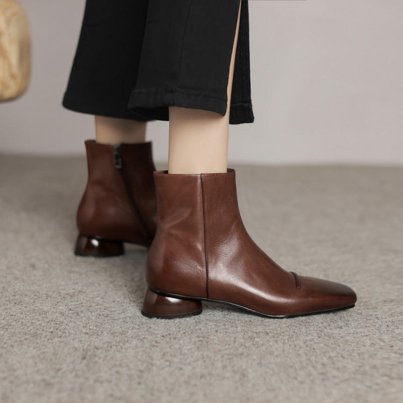 Elizabeth Ainsley Cowhide Boots - Square Toe, Side Zipper