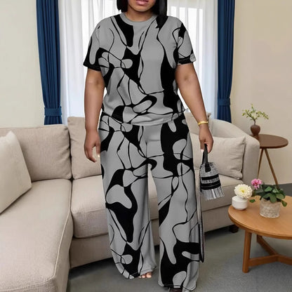 Plus Size Abstract Print Comfy Two-Piece Lounge Set by Elizabeth