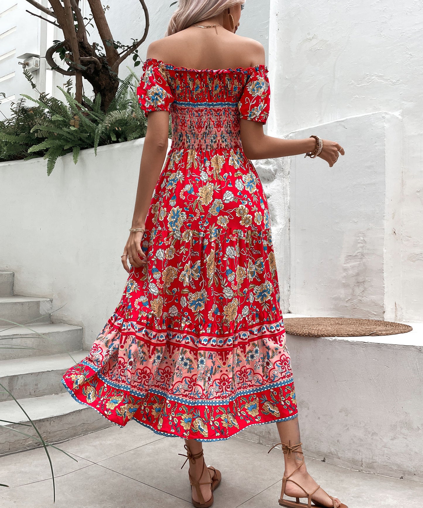 Boho Floral Elizabeth Ainsley Off-Shoulder Midi Dress