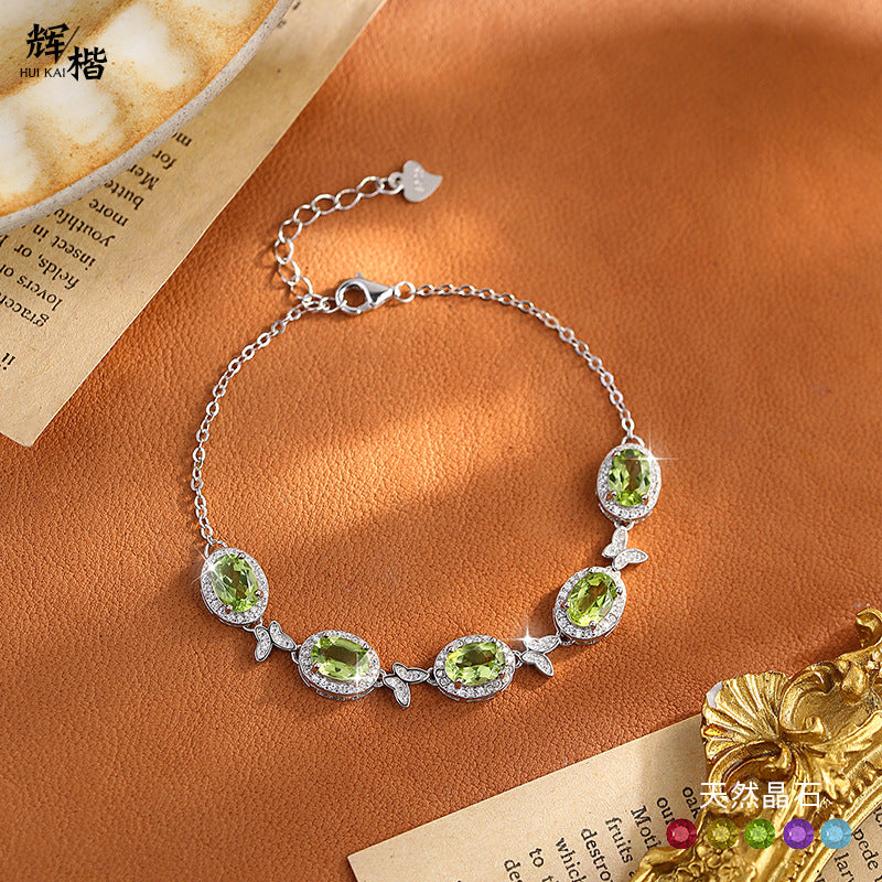 Sterling Silver Butterfly Bracelet with Natural Crystal Inlay