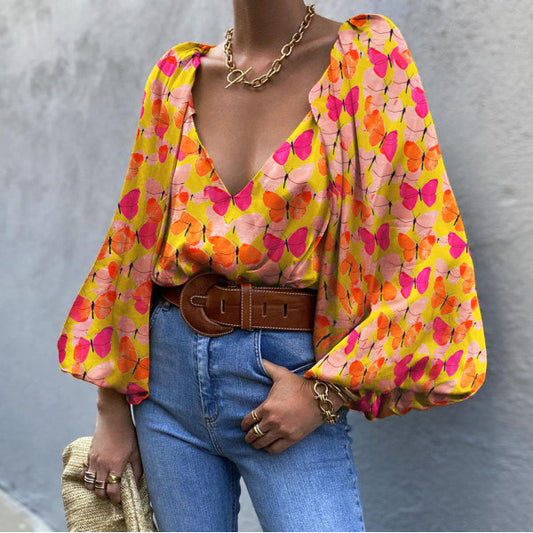 Retro Butterfly V-Neck Blouse by Elizabeth Ainsley