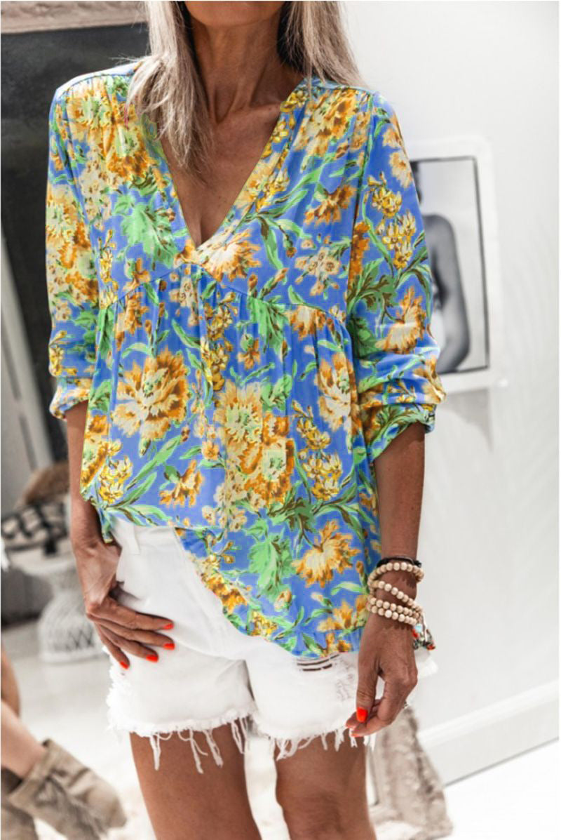 Vibrant Floral Elizabeth Ainsley Long Sleeve Blouse