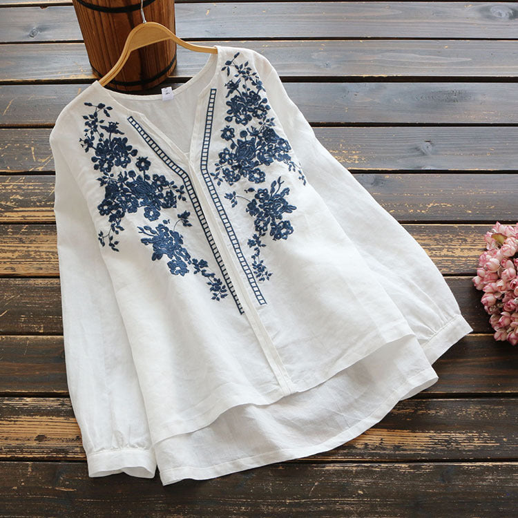 Vintage Embroidered Linen V-Neck Top by Elizabeth Ainsley