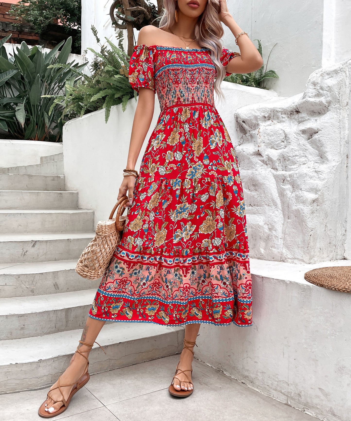 Boho Floral Elizabeth Ainsley Off-Shoulder Midi Dress