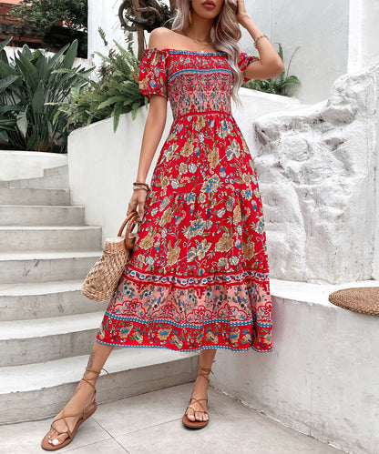 Boho Floral Elizabeth Ainsley Off-Shoulder Midi Dress