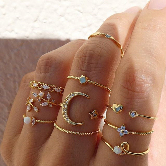 Celestial Gold Stacking Ring Set – Star, Moon & Crystal Bands